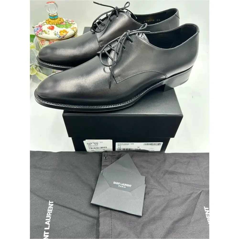 Men's Saint Laurent ADRIEN Derby shoes in Black glazed Leather size 44 Italy